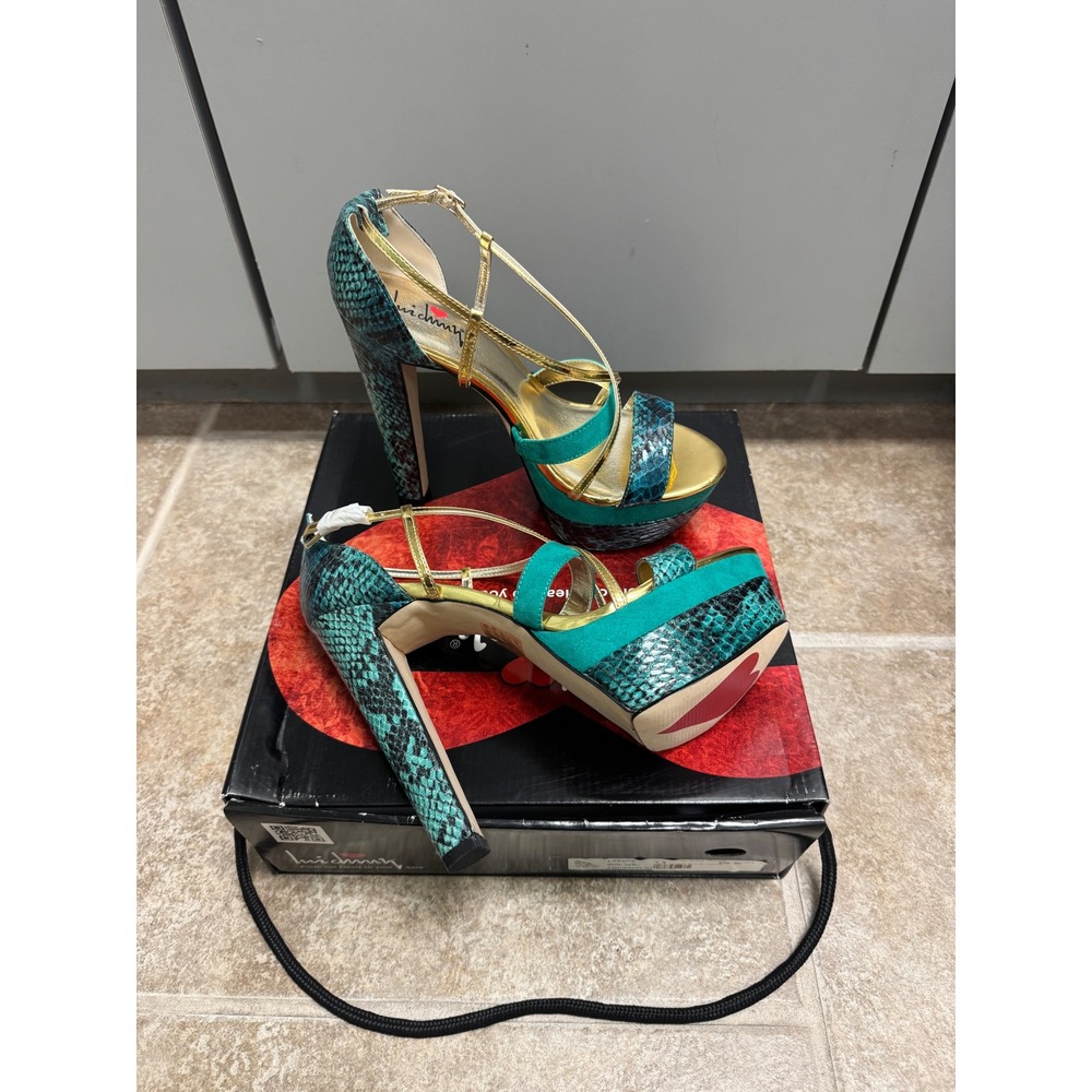 LuichnyTee Aqua Snakeskin Gold Strappy Platform Heels Sandals Size 7.5